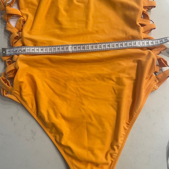 Mustard / Yellow Crisscross Lace Up Slimming One Piece Swimsuit - Picture 6 of 13